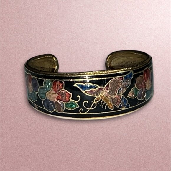 Vintage Cloisonné Enamel Butterfly & Floral Design Cuff Bracelet Gold Tone Adjus - Picture 4 of 8